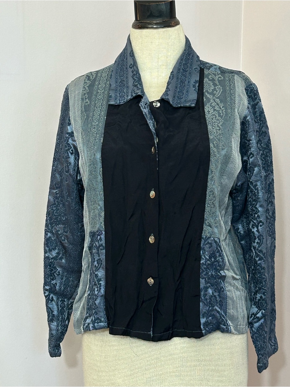 Citron Santa Monica Blue Jacquard Floral Stripe Blouse M